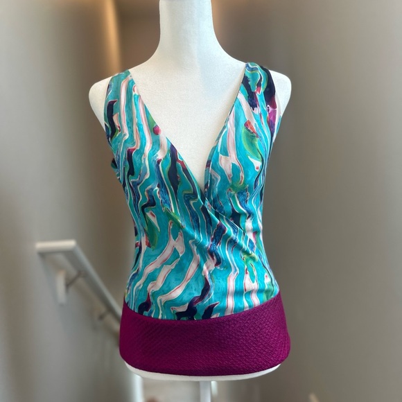 Diane von Furstenberg Silk Blend Sleeveless Low Cut Blue & Purple Blouse Size 2 - Picture 1 of 4